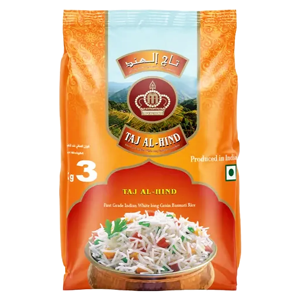 4e8eaa52-2456-46a3-9202-fe7e7f63a4b0 تاج الهند أرز بسمتي هندي أبيض طويل الحبة درجة أولى 3 كج - الصورة 1