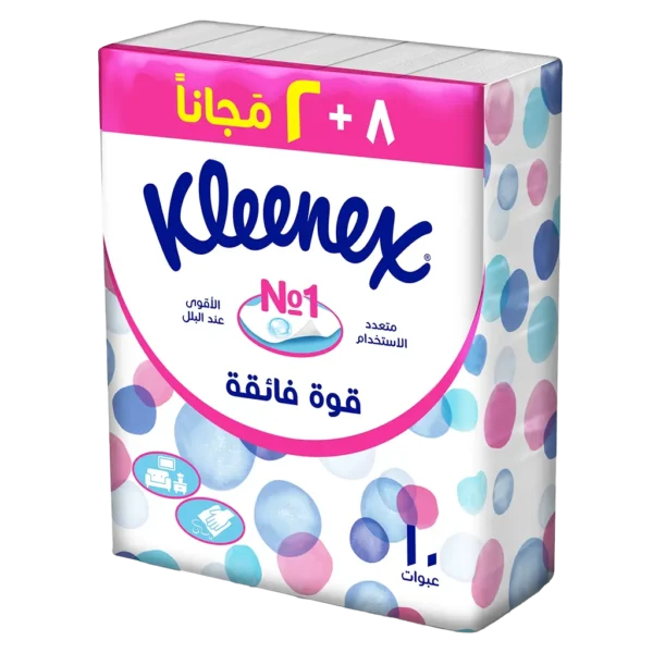 كلينكس، عبوة مناديل قوة فائقة للوجه،تحتوي على 8 + عبوتان مجانيتان، مناديل تظل متينة حتى عندما تبتل، مناديل ورقية للوجه واليدين، طبقتان مزوّدتان بقوة جديرة بثقتك، تصميم عبوة أنيق وعالي الجودة
