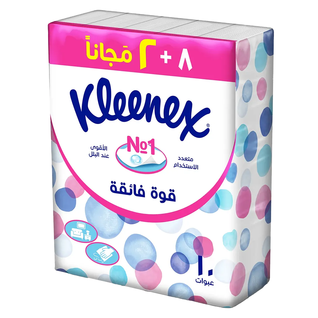 51d64ce4-759d-41fa-b8fb-ac899affe862 كلينكس، عبوة مناديل قوة فائقة للوجه،تحتوي على 8 + عبوتان مجانيتان، مناديل تظل متينة حتى عندما تبتل، مناديل ورقية للوجه واليدين، طبقتان مزوّدتان بقوة جديرة بثقتك، تصميم عبوة أنيق وعالي الجودة - الصورة 1