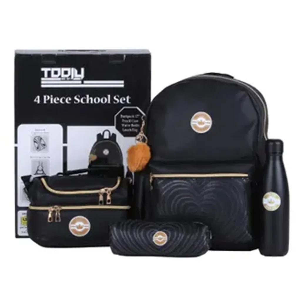 7d1d05bd-002b-4fb7-9cc6-c09dad751760 تولي شنطه ظهر مجموعه من 4 مقاس 17 انش لون اسود مع ذهبي - الصورة 1