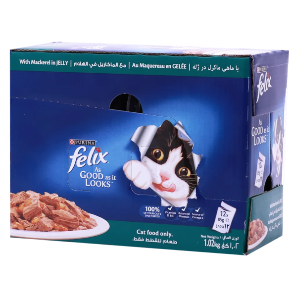 بورينا فيليكس طعام للقطط رطب للبالغين مع الماكريل في عبوة جيلي 12 حبه 85 ج