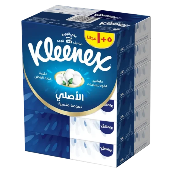 كلينكس، علبة مناديل الوجه الأصلية، عبوة تحتوي على 5 علب + علبة مجانا * 76 منديلًا، مناديل ورقية ناعمة للوجه واليدين، بنعومة القطن لعناية فائقة، طبقتان مزوّدتان بقوة جديرة بثقتك