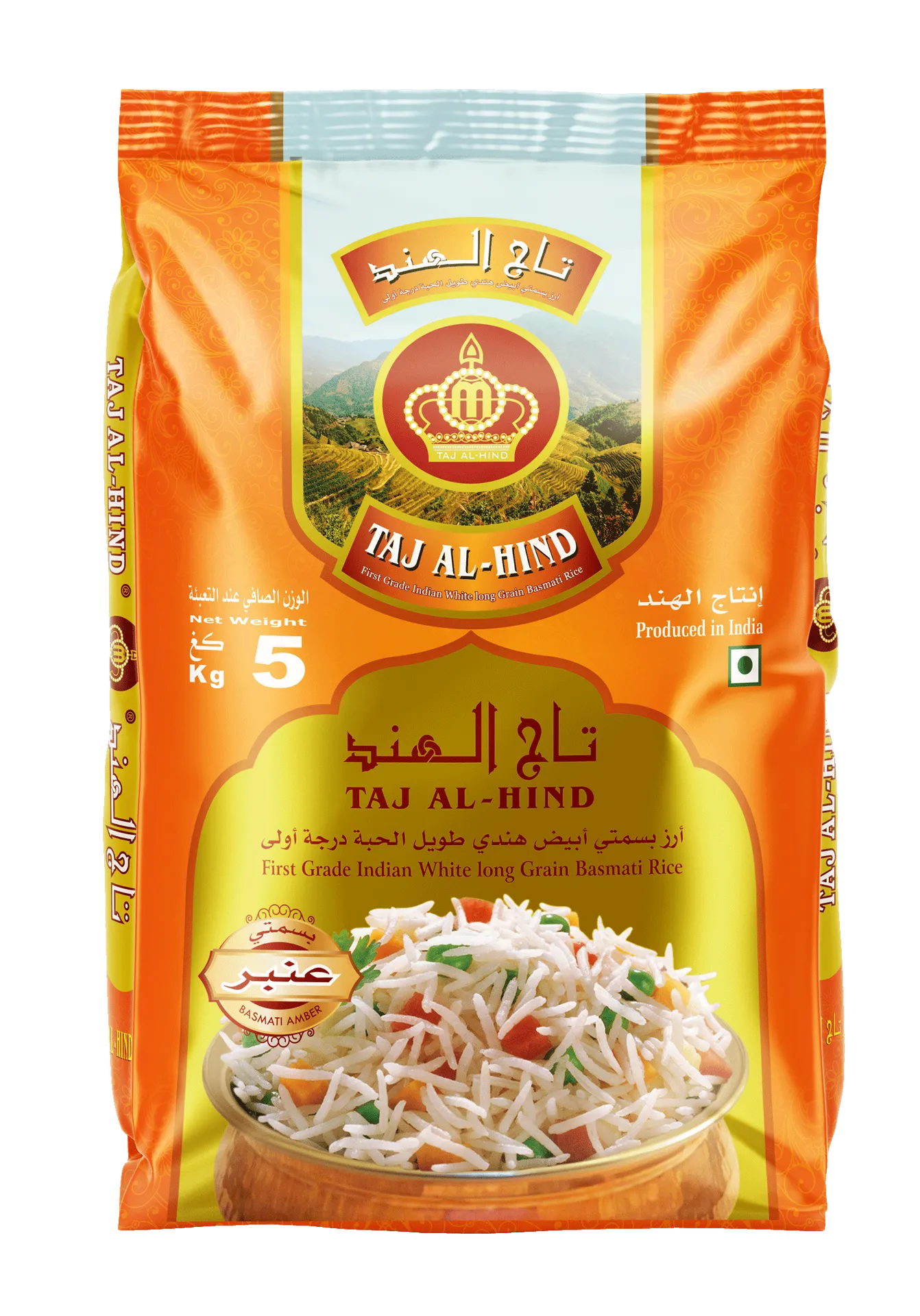 e0cf6999-e3ba-44ac-b323-c4e26fb8e998 تاج الهند أرز بسمتي هندي أبيض طويل الحبة 5 كج - الصورة 1